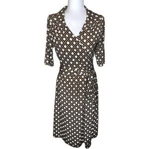 Talbots Faux Wrap‎ Dress in Brown and White Weave Print Retro US 4 Mod 70’s